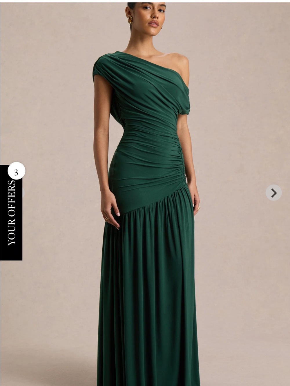One-Shoulder Forest Green Ruched Evening Gown